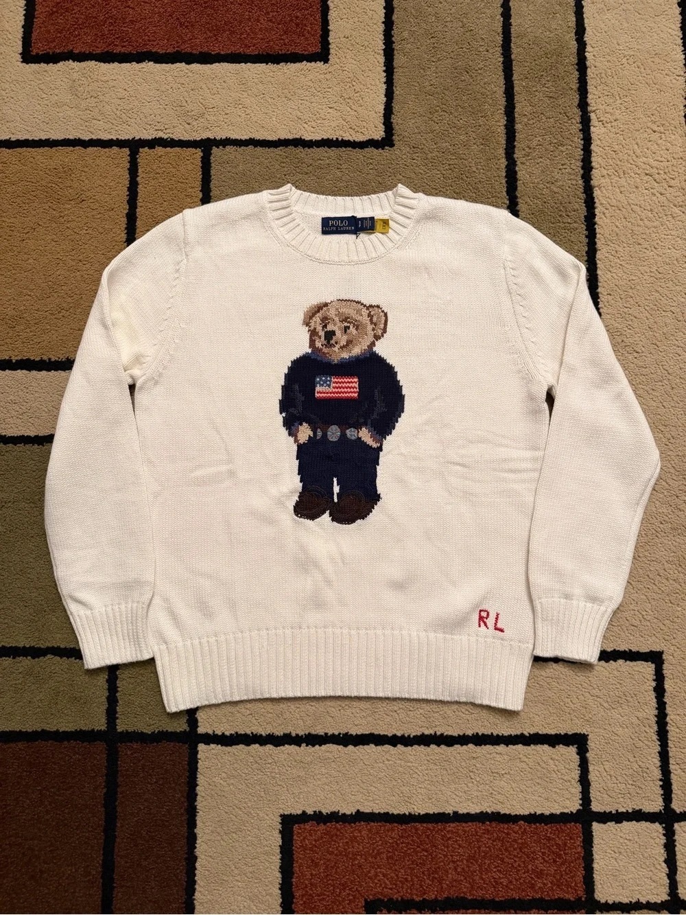 Polo by Ralph Lauren White Bear Crewneck Sweater with Navy Motif